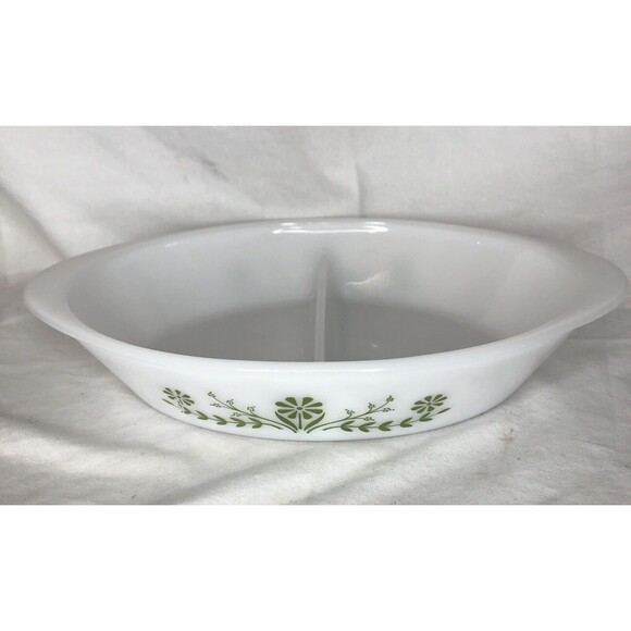 Vintage Oval Glasbake Green Crazy Daisy Divided Serving Dish 12” - Picture 1 of 7